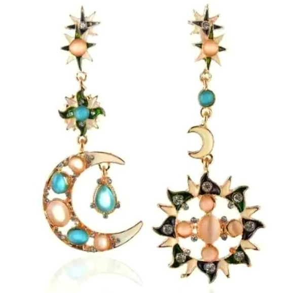 Gold teal crystal opalescent sun moon stars earrings - Picture 9 of 9